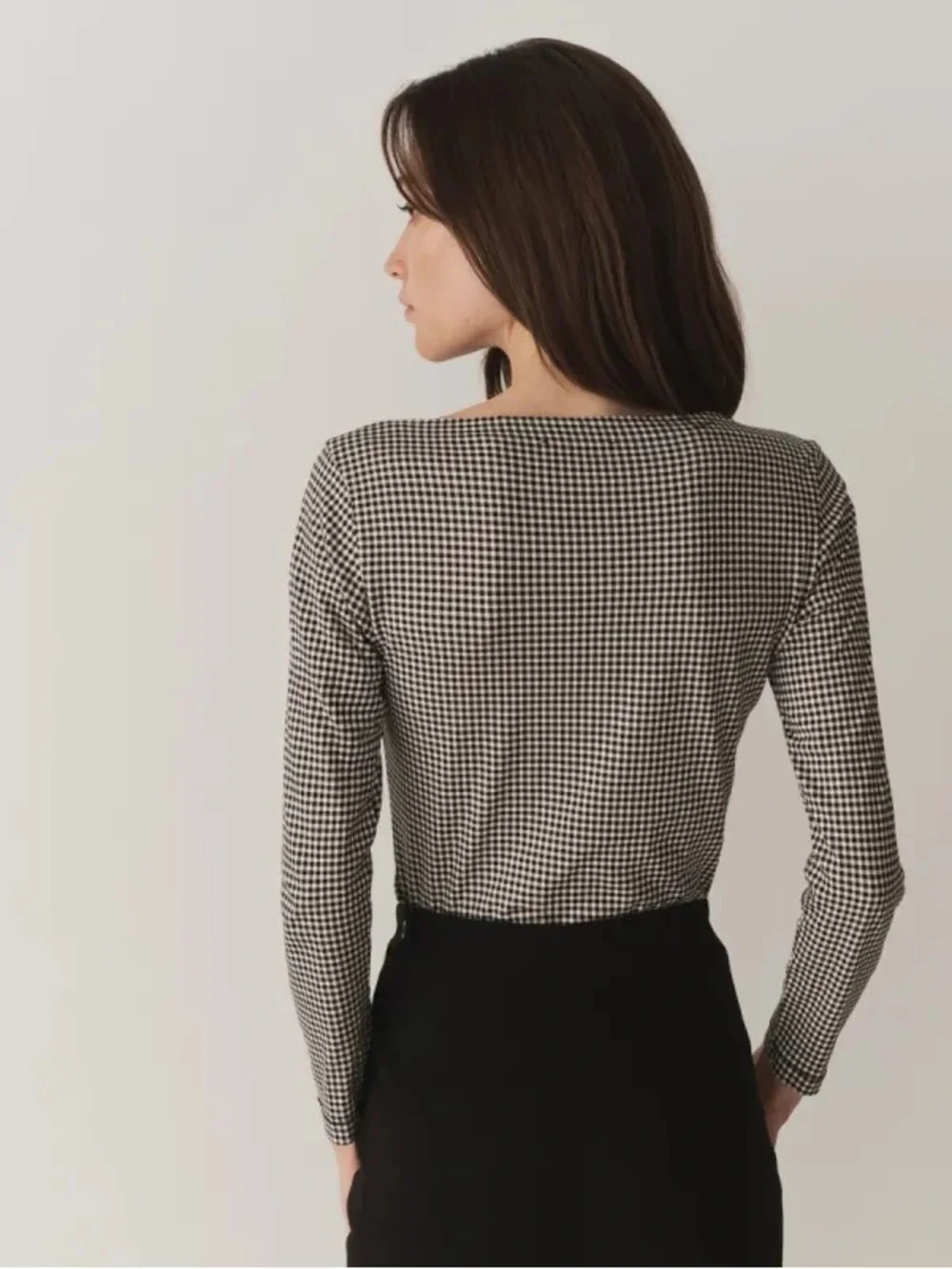 Doen Black & White Gingham Boatneck Long Sleeve Top - Picture 3 of 5